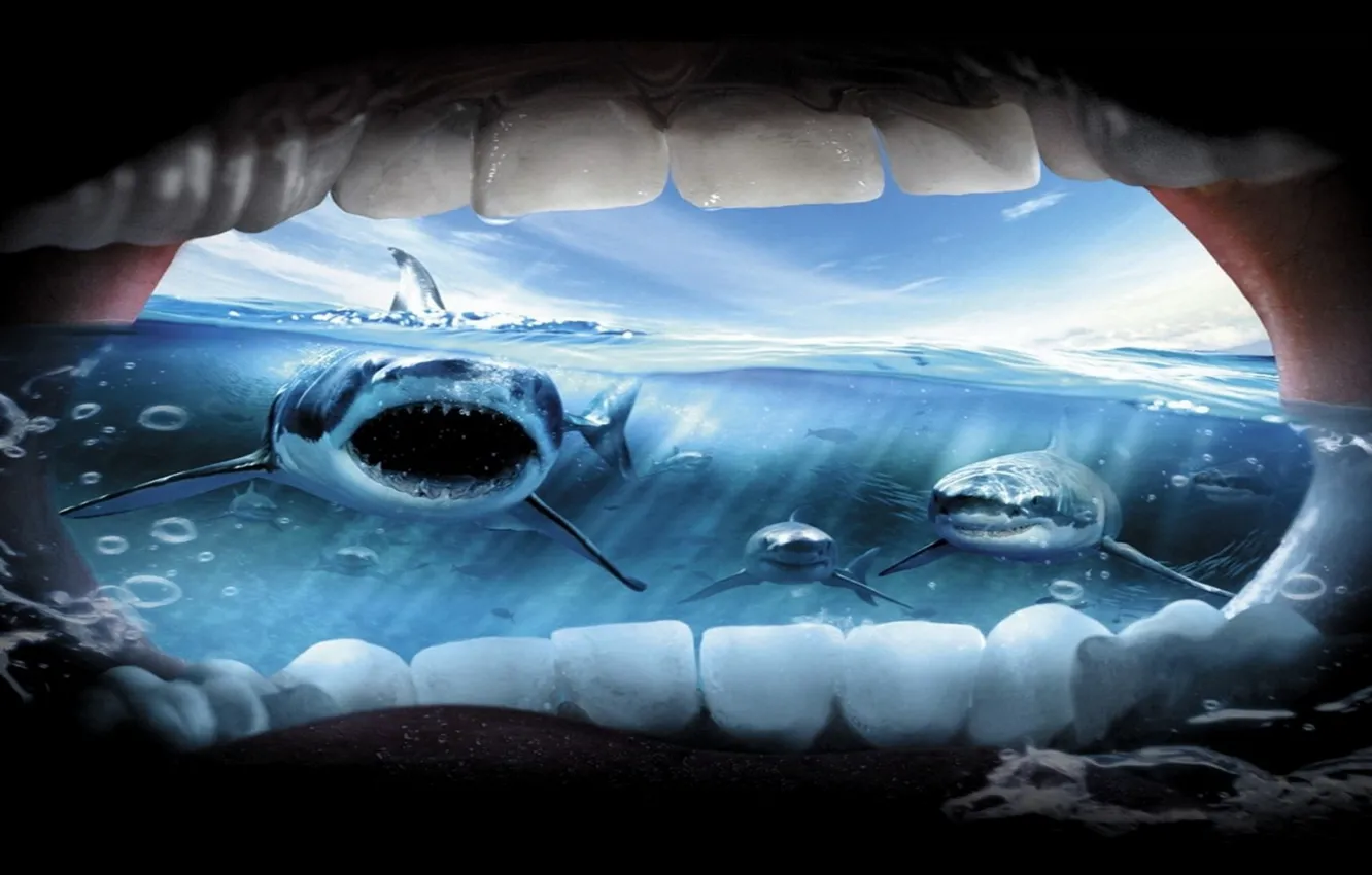 Photo wallpaper sea, shark, danger, mouth