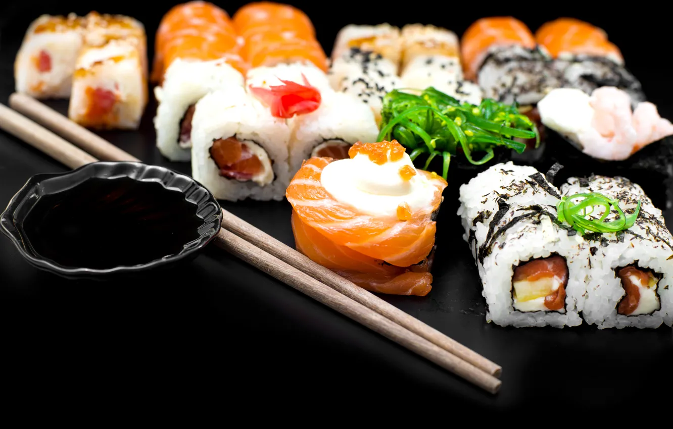 Photo wallpaper rolls, sushi, sushi, rolls, seafood, Japanese cuisine