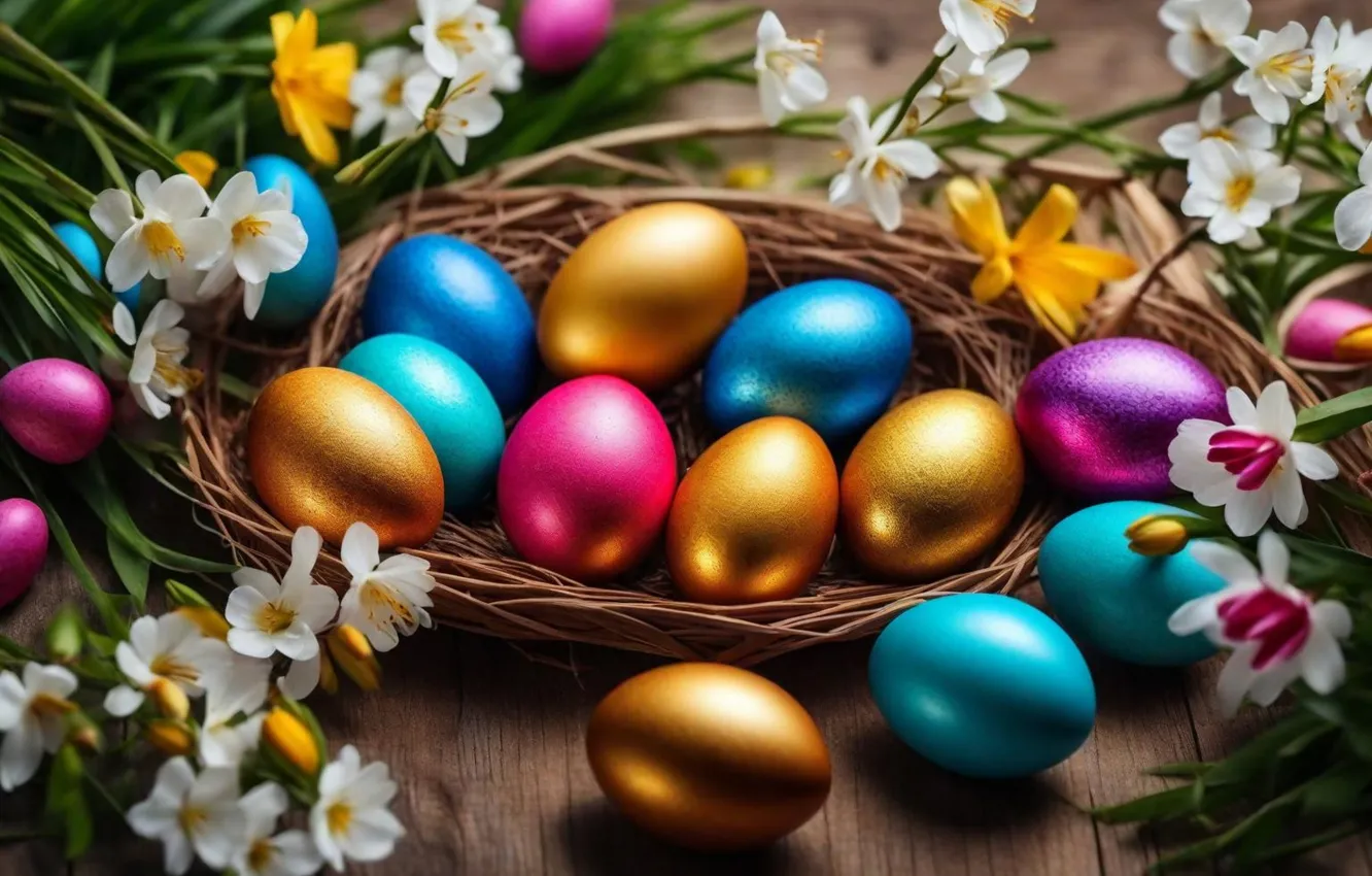 Photo wallpaper flowers, eggs, spring, colorful, Easter, flowers, spring, Easter