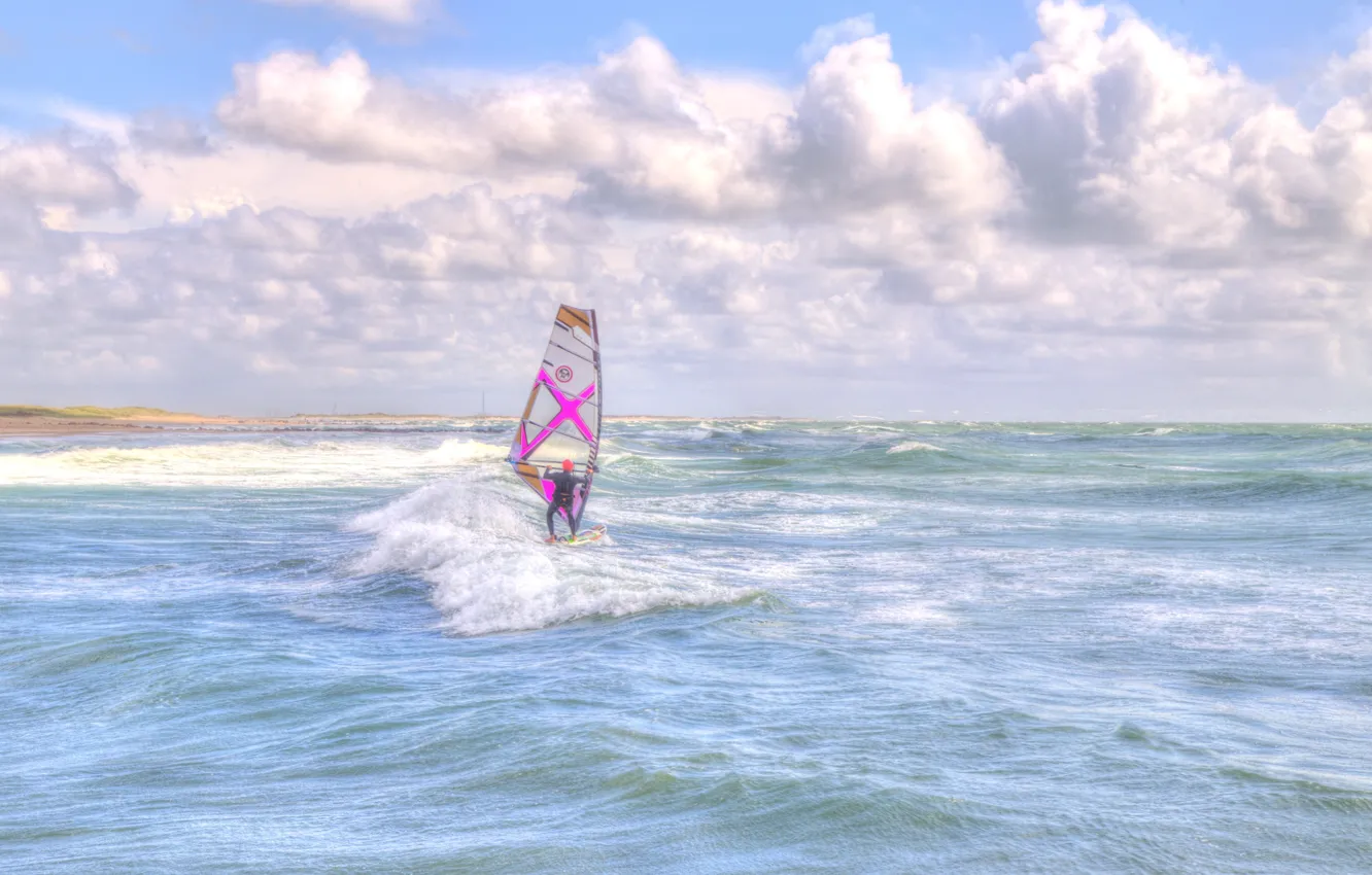Photo wallpaper wave, beach, the sky, clouds, the wind, Windsurfing, extreme sports, the troubled sea