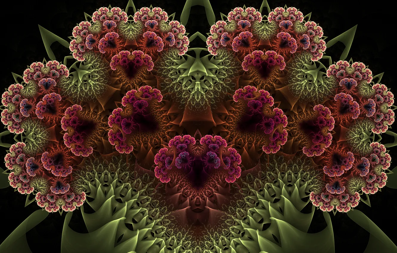 Photo wallpaper greens, flowers, abstraction, black background