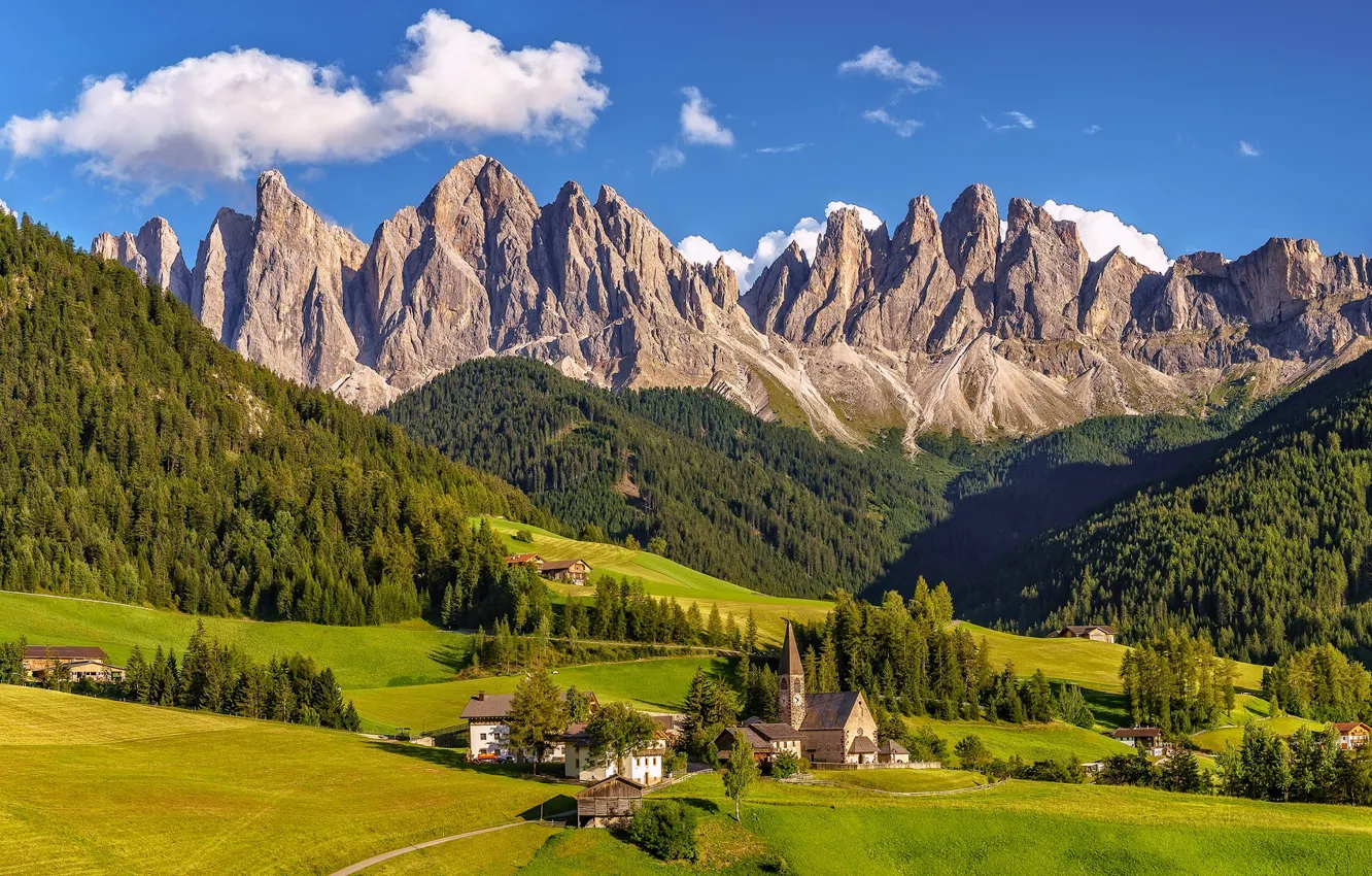 Photo wallpaper mountains, valley, village, Italy, panorama, Italy, The Dolomites, South Tyrol