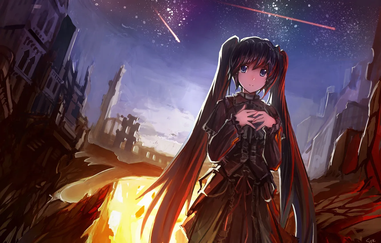 Photo wallpaper the sky, girl, stars, night, home, art, ruins, vocaloid
