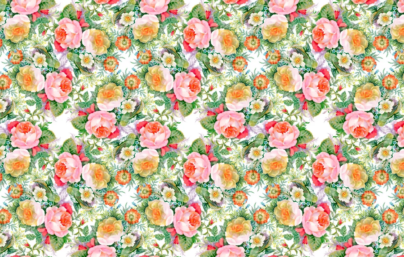 Photo wallpaper flowers, pattern, roses, bouquet, buds