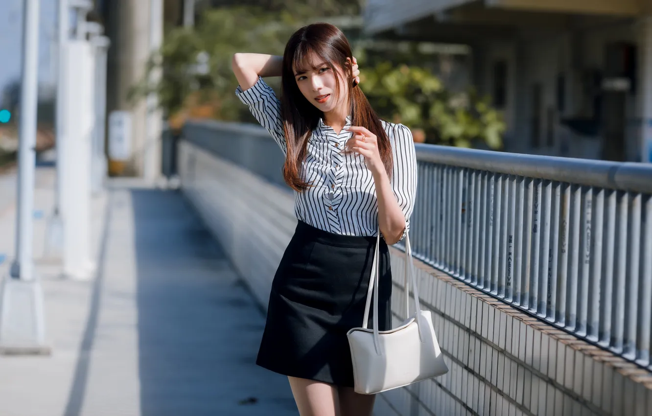 Photo wallpaper girl, pose, skirt, blouse, handbag, Asian