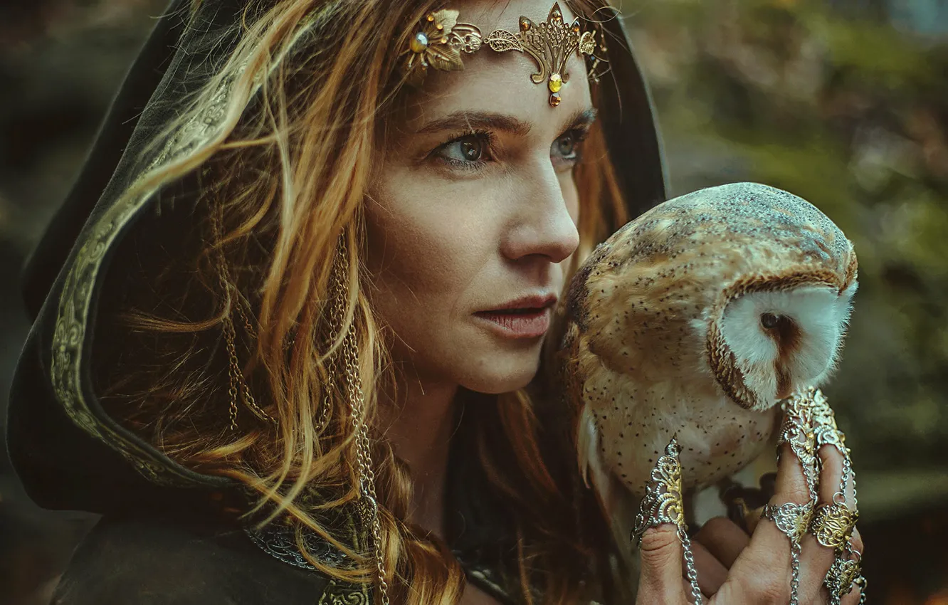 Photo wallpaper look, girl, decoration, style, owl, bird, woman, portrait