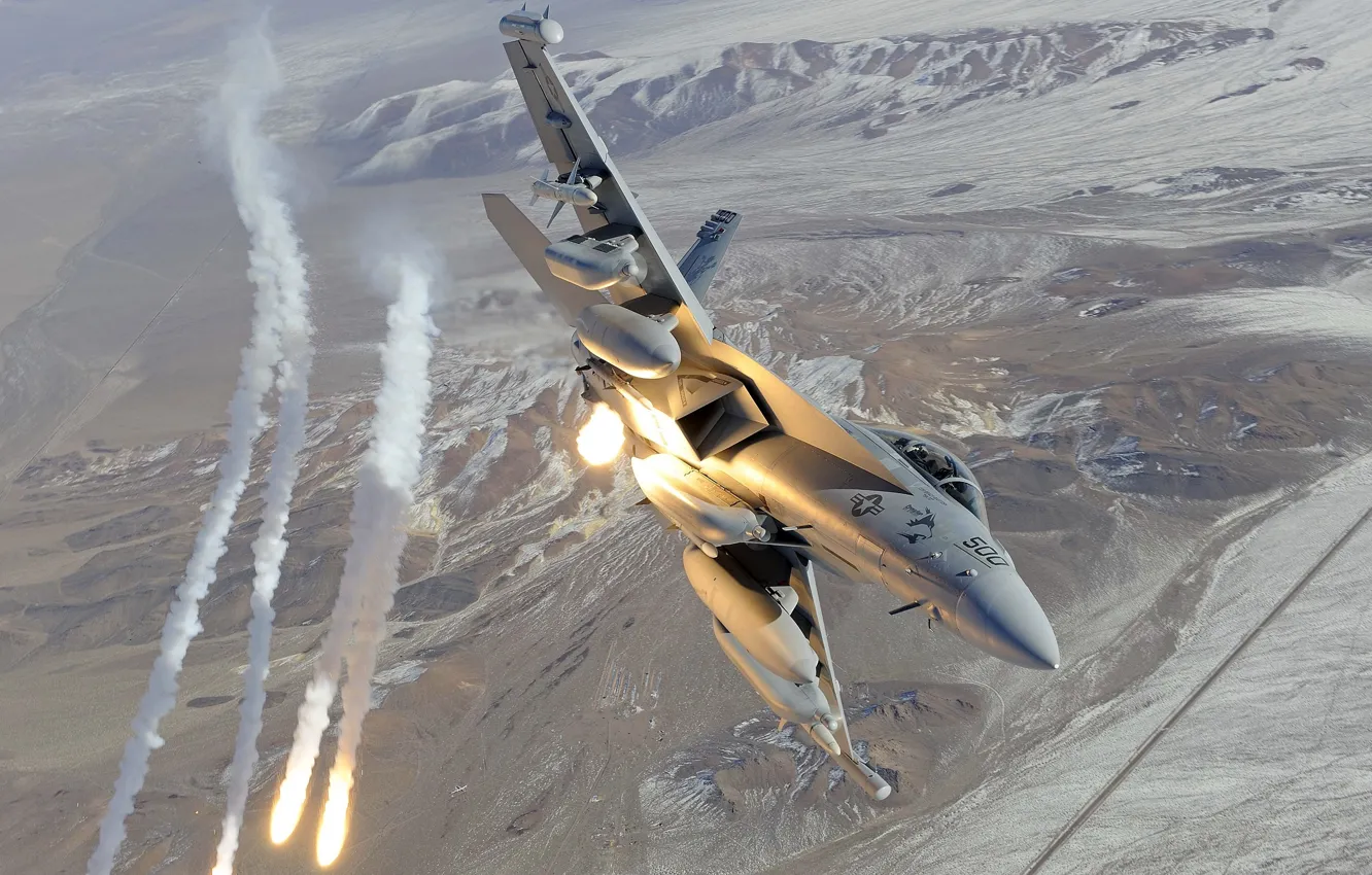 Photo wallpaper shot, fighter, flight, EA-18G, f-18, flares, Growler, hornet
