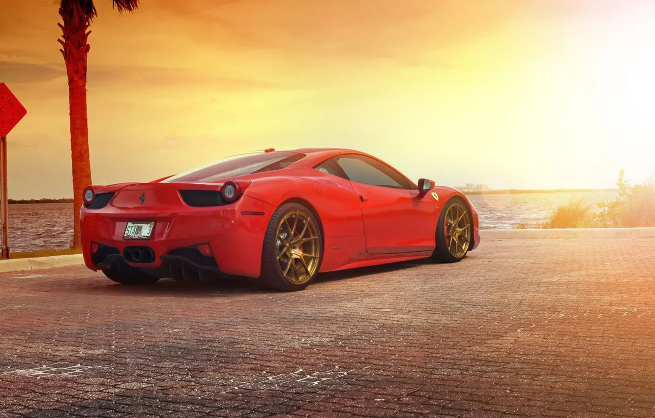 Photo wallpaper Ferrari, Red, 458, Sun, Sunset, Italia, Sea, Supercar