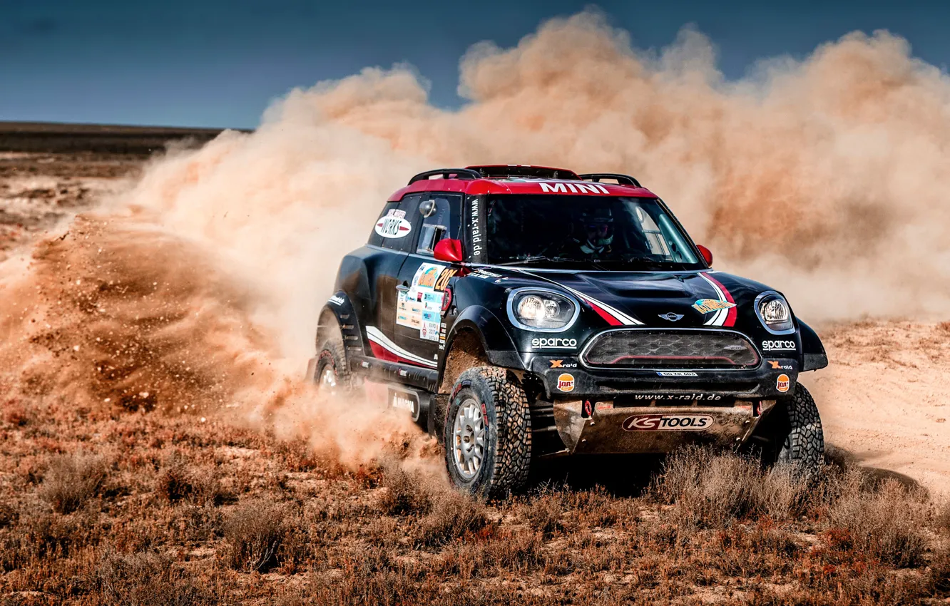 Photo wallpaper race, black, sport, speed, Mini, dust, turn, SUV