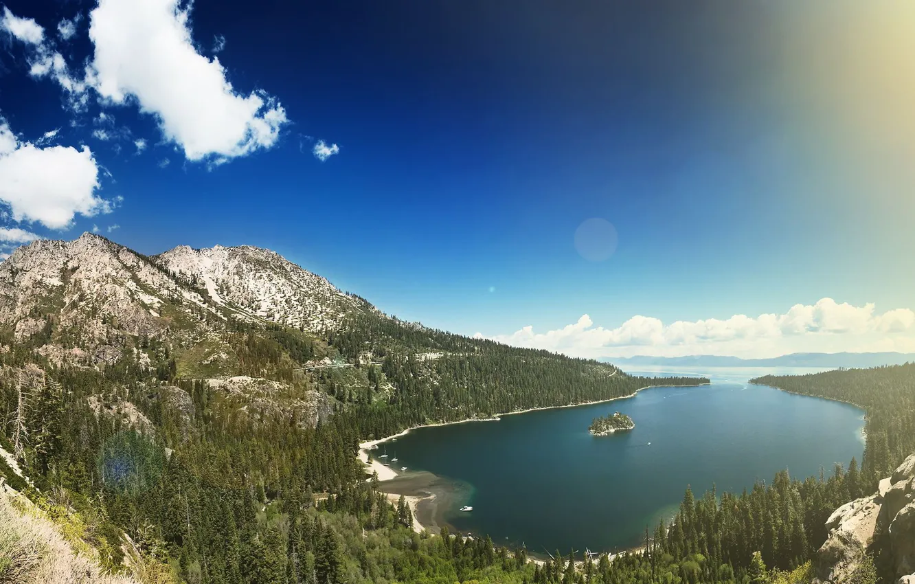 Photo wallpaper the sky, trees, mountains, lake