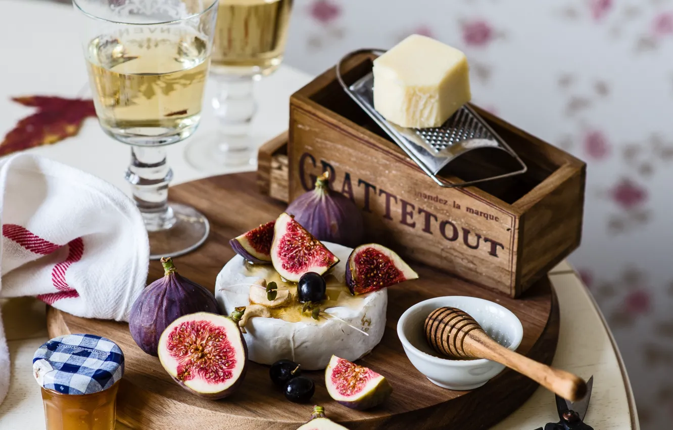 Photo wallpaper wine, glass, cheese, honey, figs