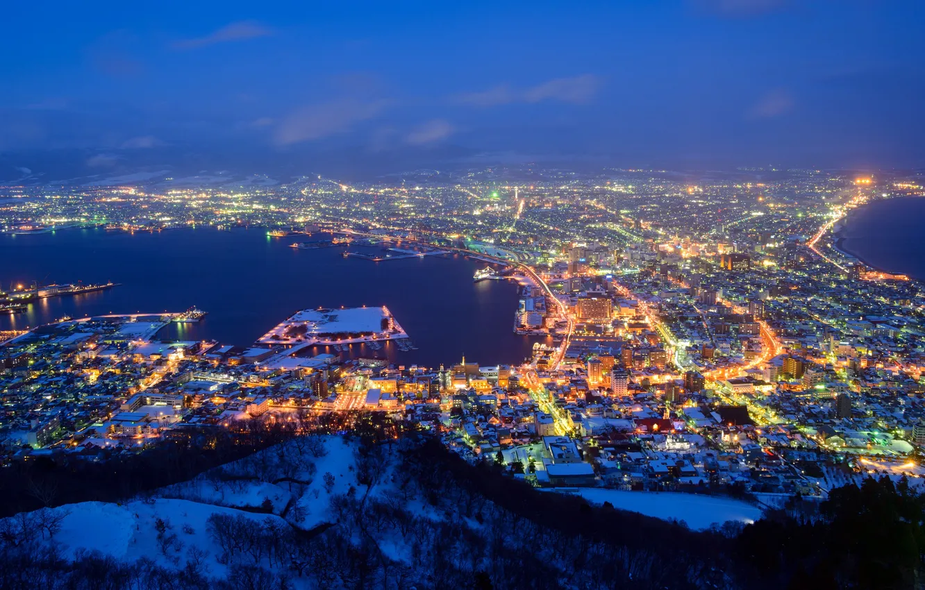 Photo wallpaper night, the city, lights, beauty, Japan, Hokkaido, space