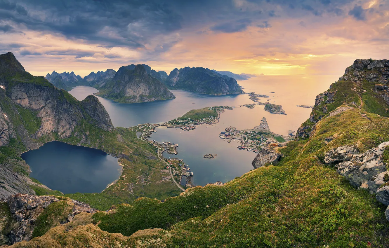 Photo wallpaper sea, mountains, nature, home, slope, Norway, the village, The Lofoten Islands