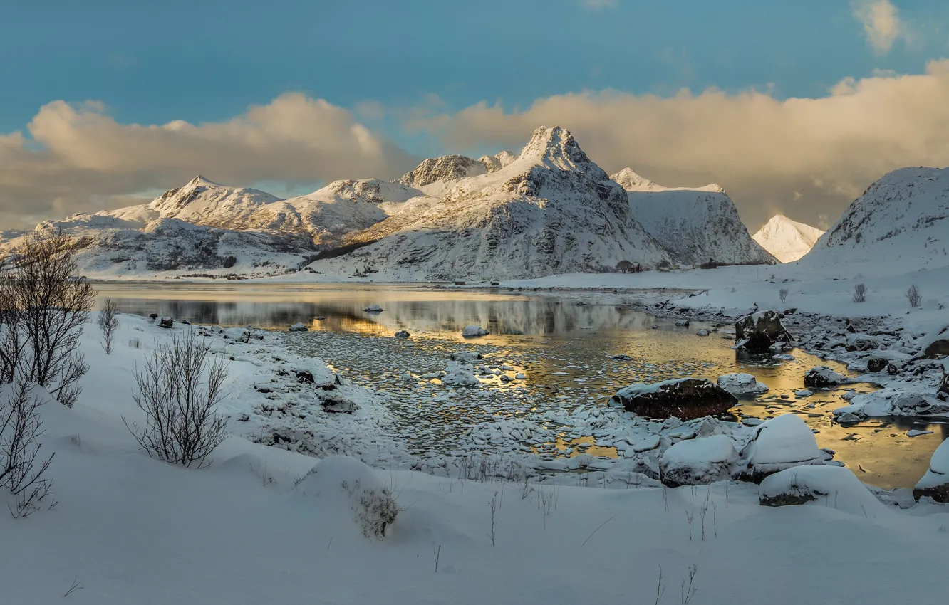 Photo wallpaper winter, the sky, clouds, light, snow, mountains, stones, shore