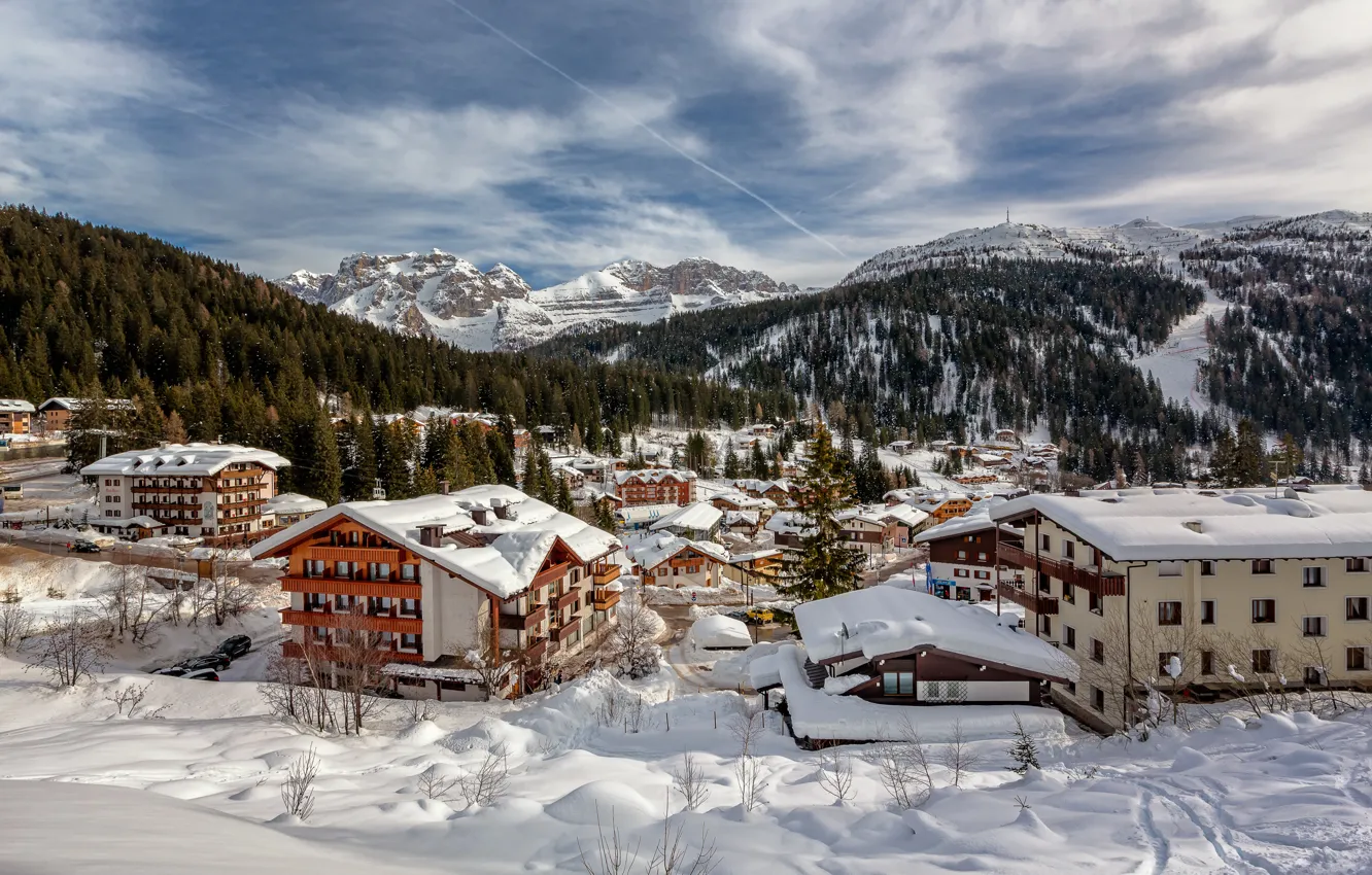 Photo wallpaper winter, snow, mountains, home, Alps, Italy, panorama, the village