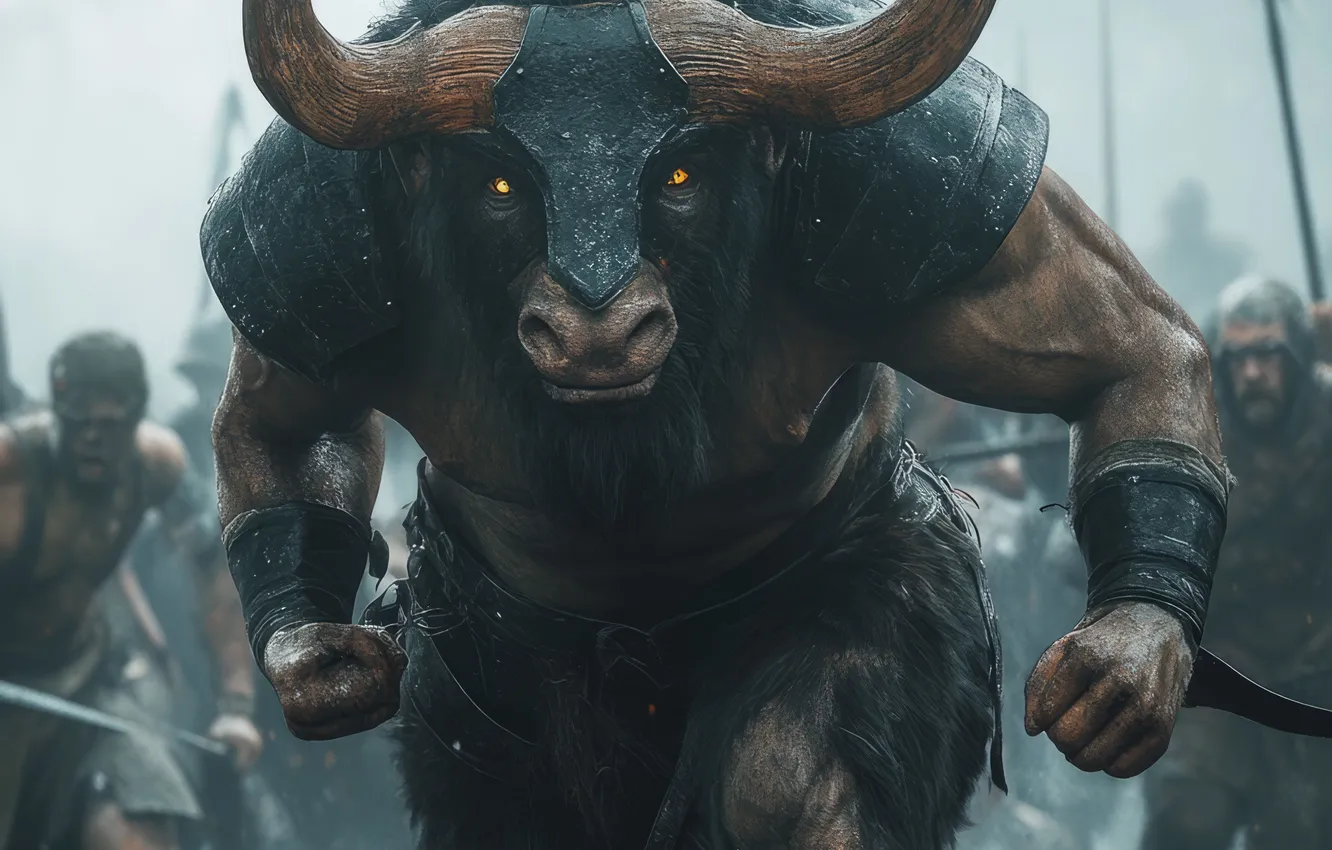 Photo wallpaper warrior, horns, the battle, monster, the Minotaur, digital art, mythology, AI art