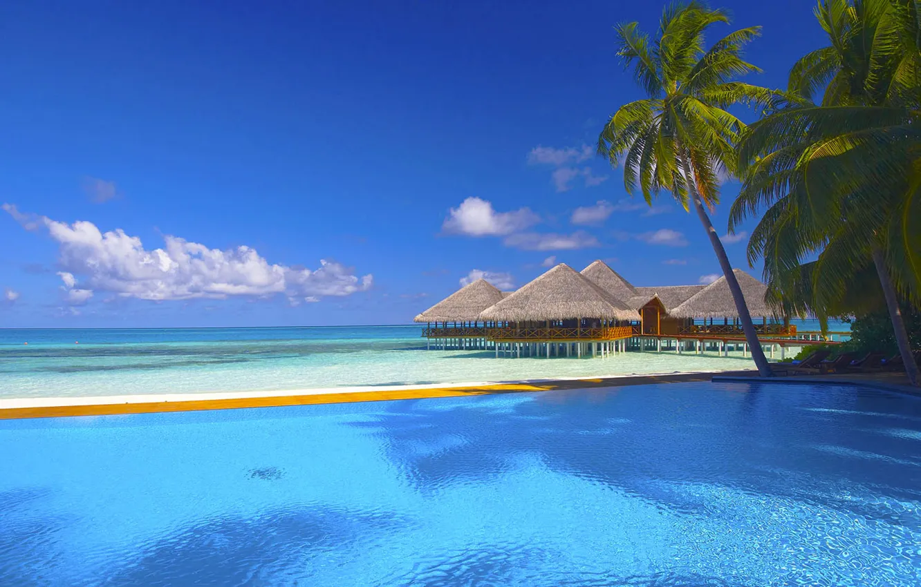 Photo wallpaper sand, sea, beach, the sky, clouds, palm trees, the ocean, pool