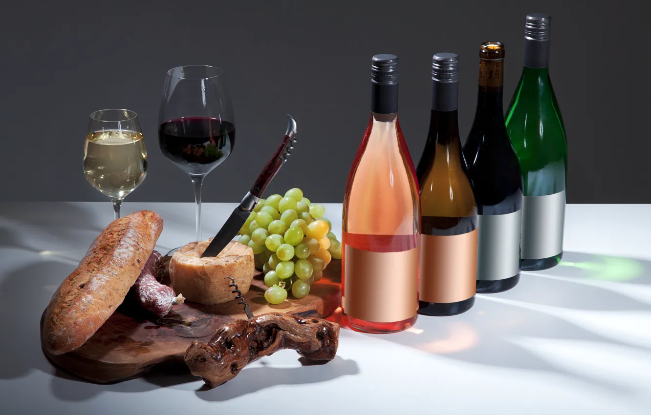 Photo wallpaper wine, cheese, glasses, bread, grapes, drinks