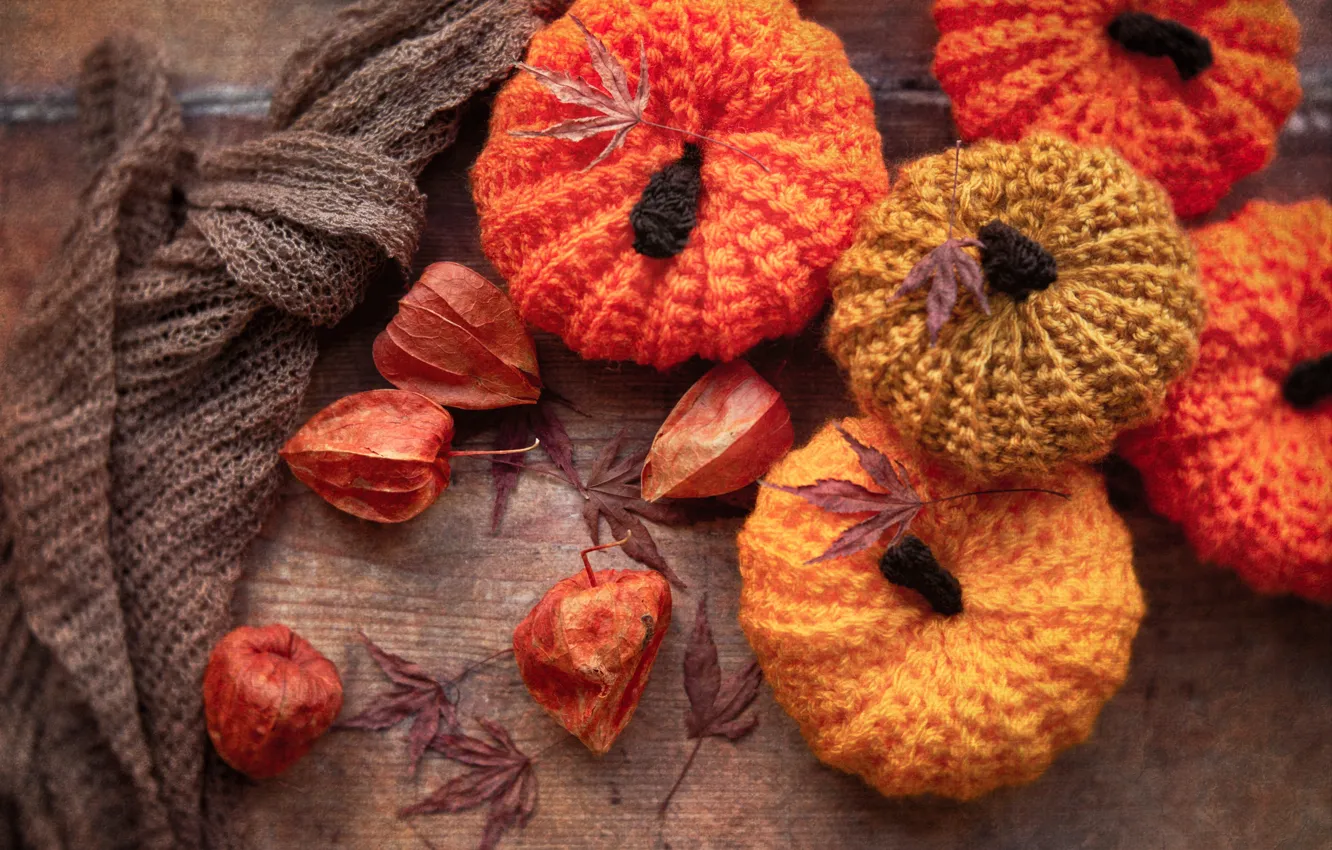 Photo wallpaper autumn, table, toy, Board, treatment, scarf, pumpkin, still life