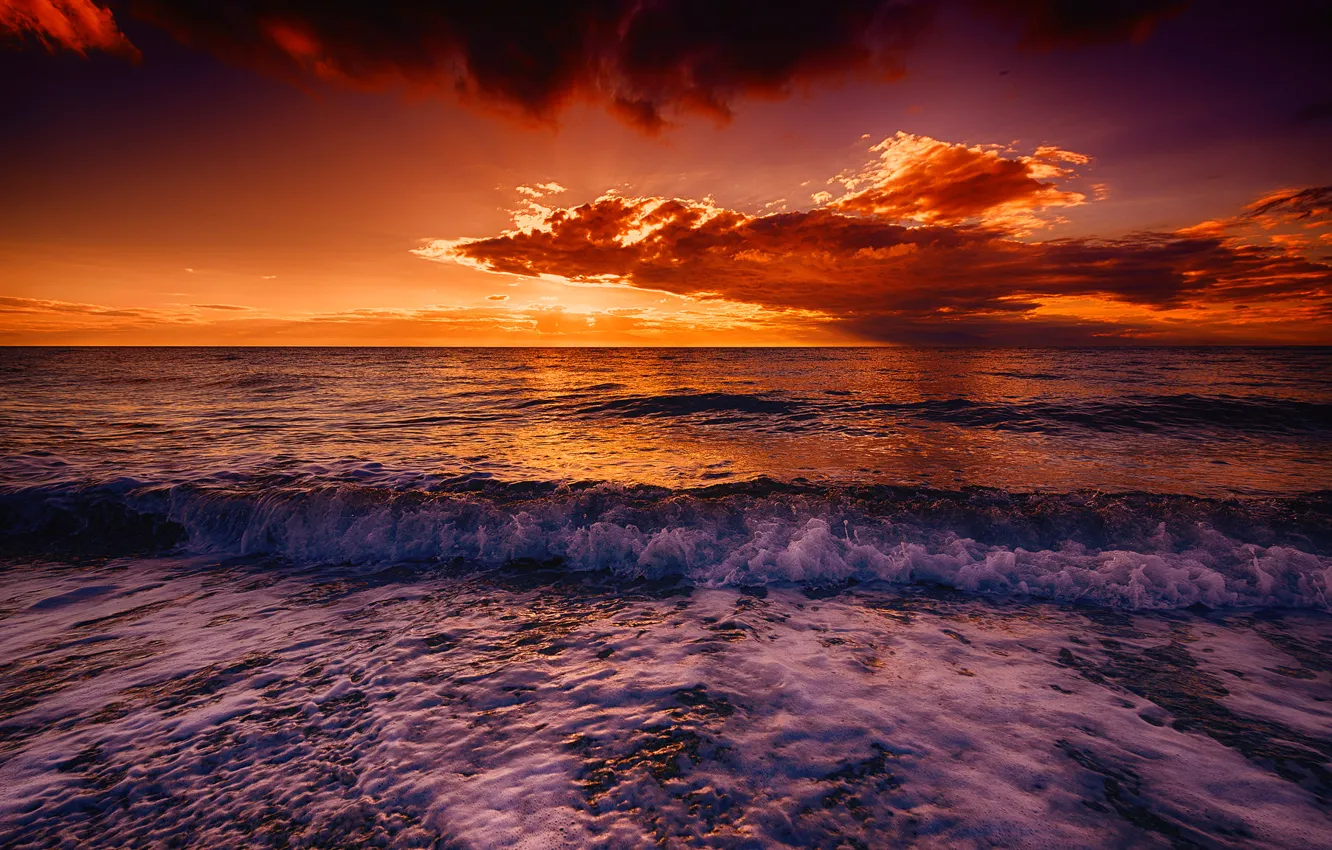 Photo wallpaper sea, wave, the sky, clouds, shore, surf, glow