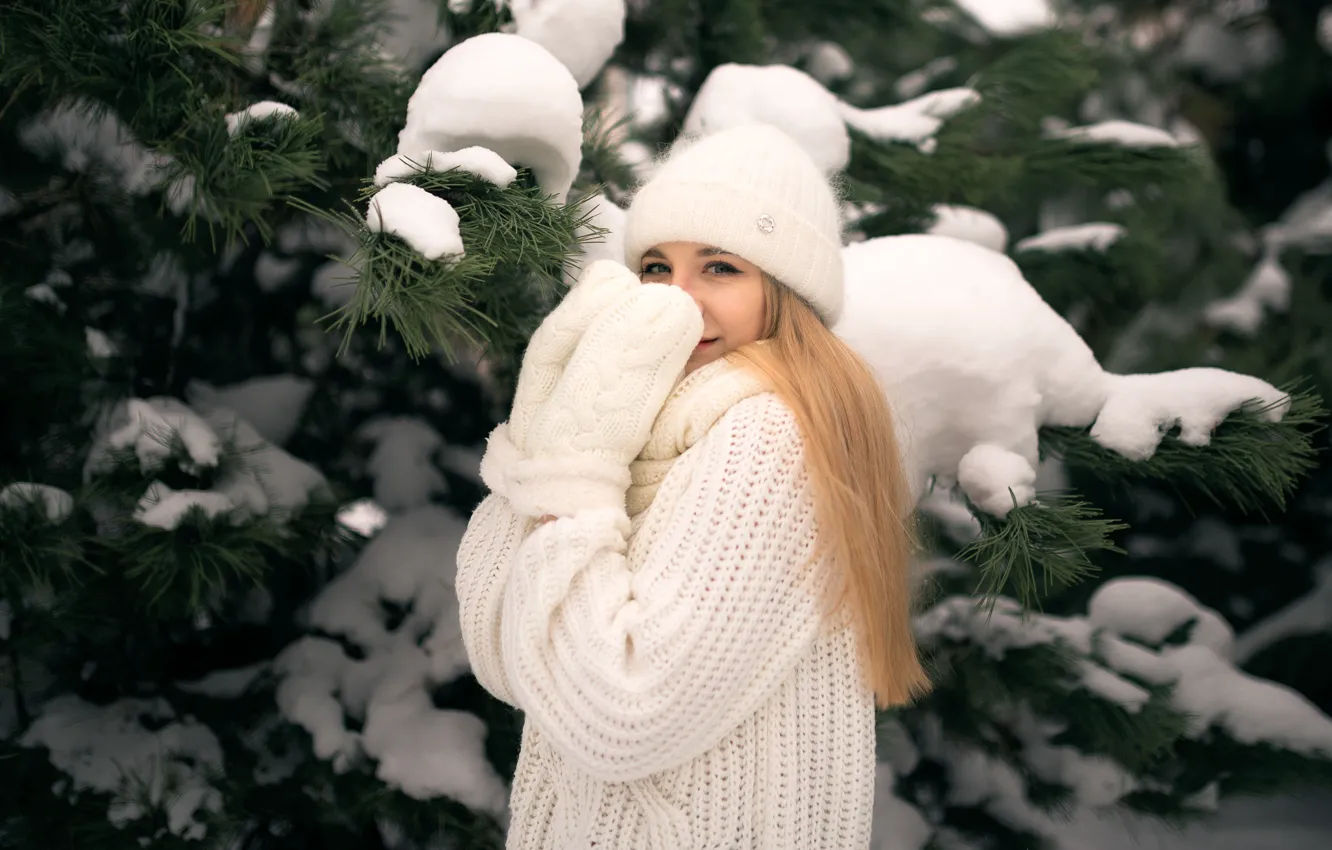 Photo wallpaper winter, girl, snow, branches, hat, blonde, needles, pine