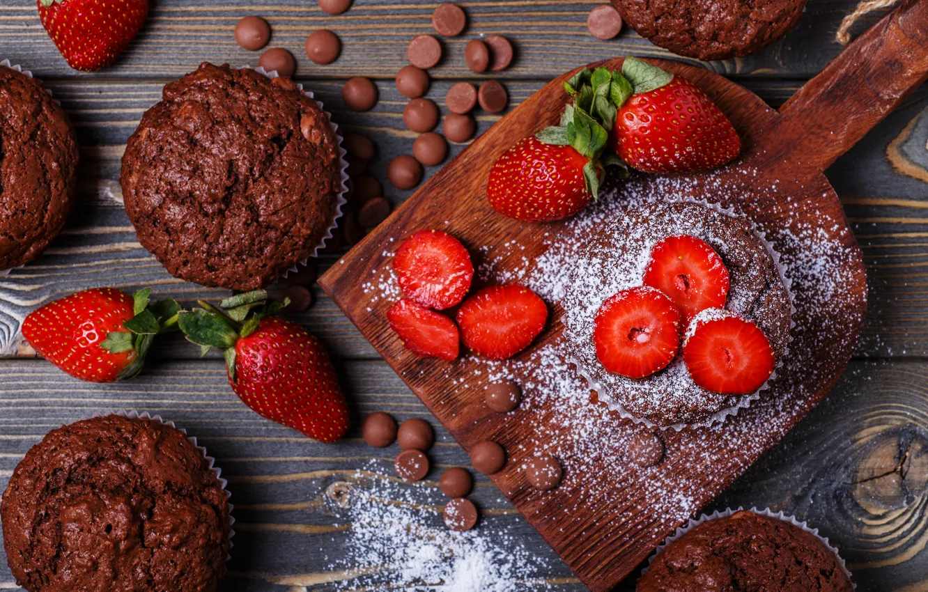 Photo wallpaper berries, strawberry, cake, cupcakes, powdered sugar, chocolate, muffins
