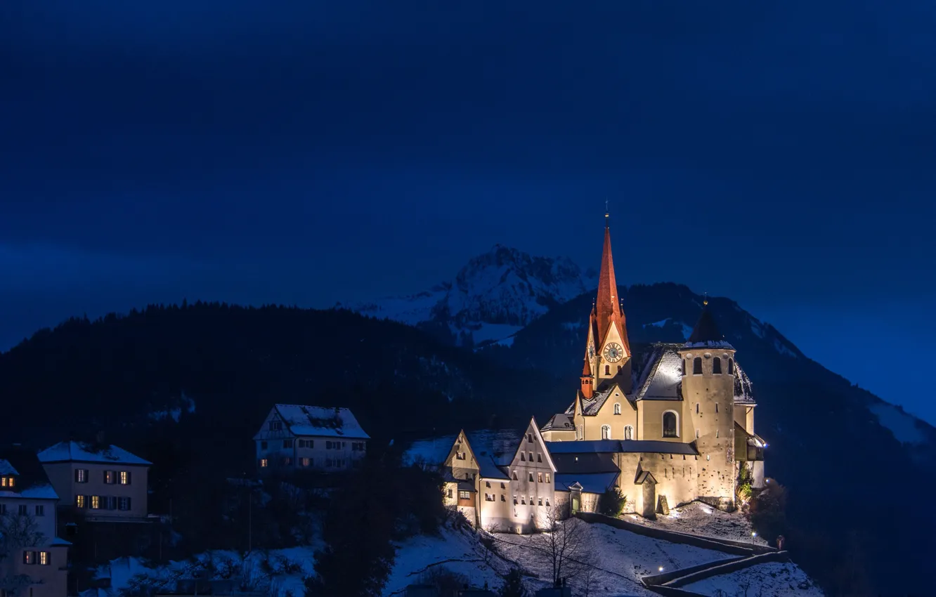 Photo wallpaper mountains, night, lights, home, Austria, Church, Rankweil