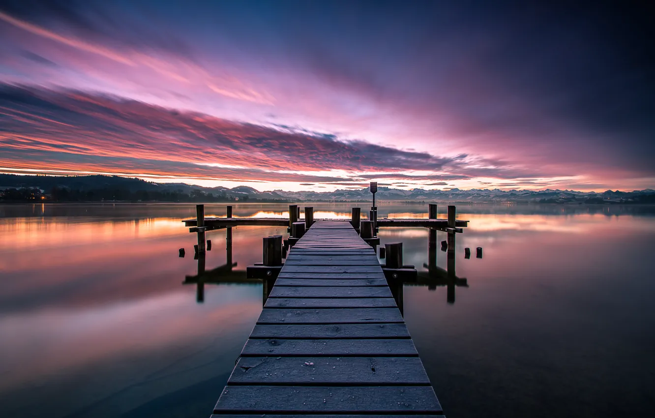 Photo wallpaper the sky, water, clouds, nature, lake, surface, dawn, shore