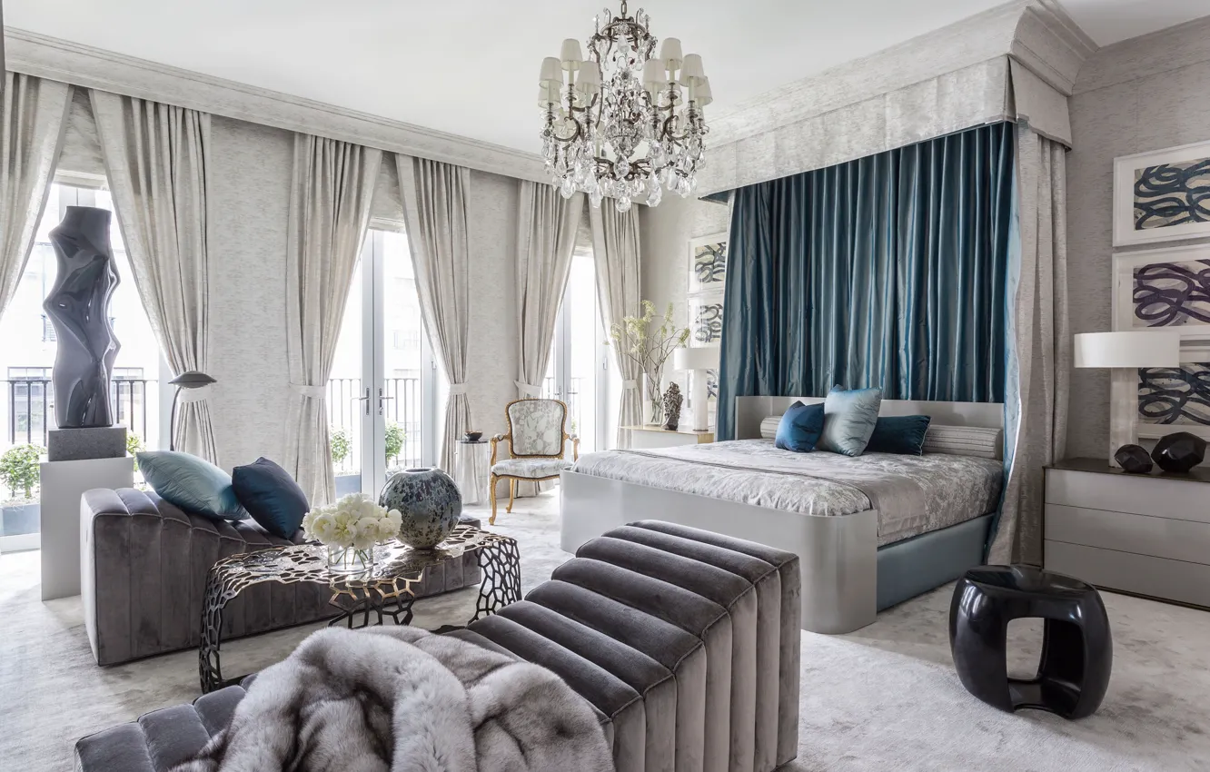 Photo wallpaper design, room, furniture, bed, chandelier, bedroom