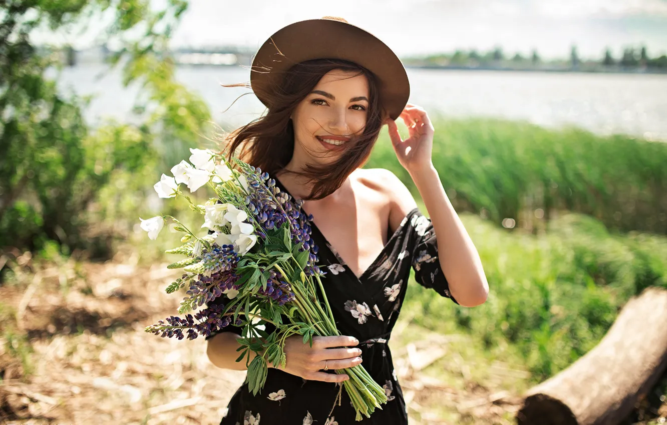 Photo wallpaper look, the sun, landscape, flowers, nature, pose, river, model