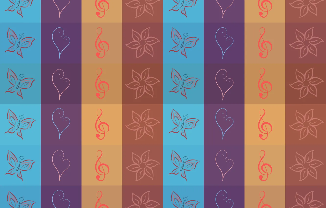 Photo wallpaper butterfly, background, texture, hearts, flowers, treble clef, colored squares