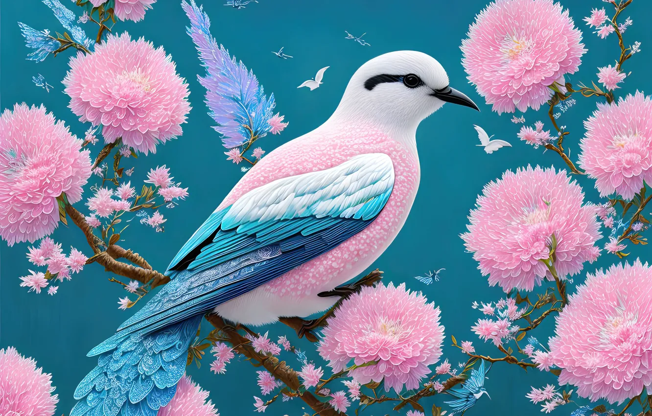 Photo wallpaper flowers, branches, bird, graphics, art, pink, blue background, digital painting