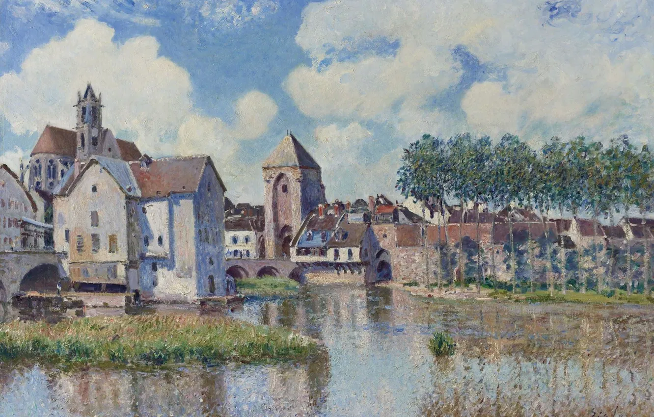 Photo wallpaper bridge, river, home, picture, the urban landscape, Alfred Sisley, Alfred Sisley, Moret-sur-Loing