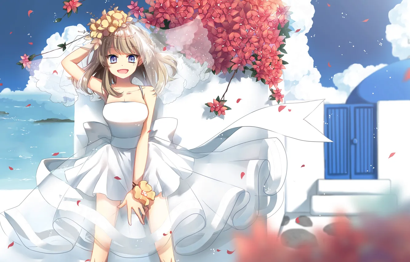 Photo wallpaper the sky, girl, clouds, joy, flowers, anime, petals, art