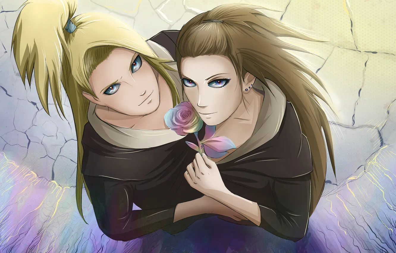 Photo wallpaper look, girl, flowers, smile, hugs, guy, Naruto, Naruto