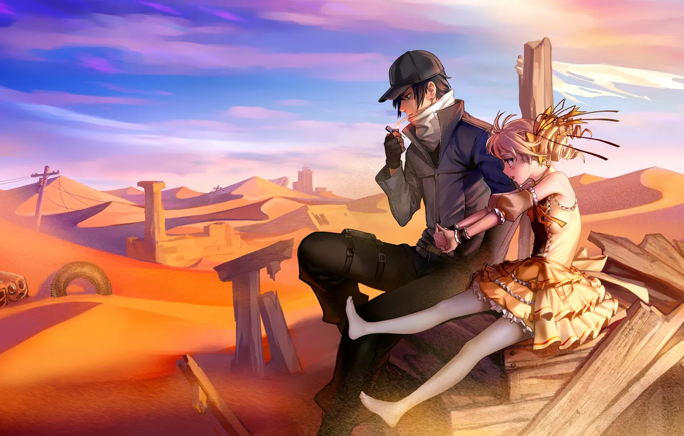 Photo wallpaper girl, wire, desert, anime, art, cigarette, cap, guy