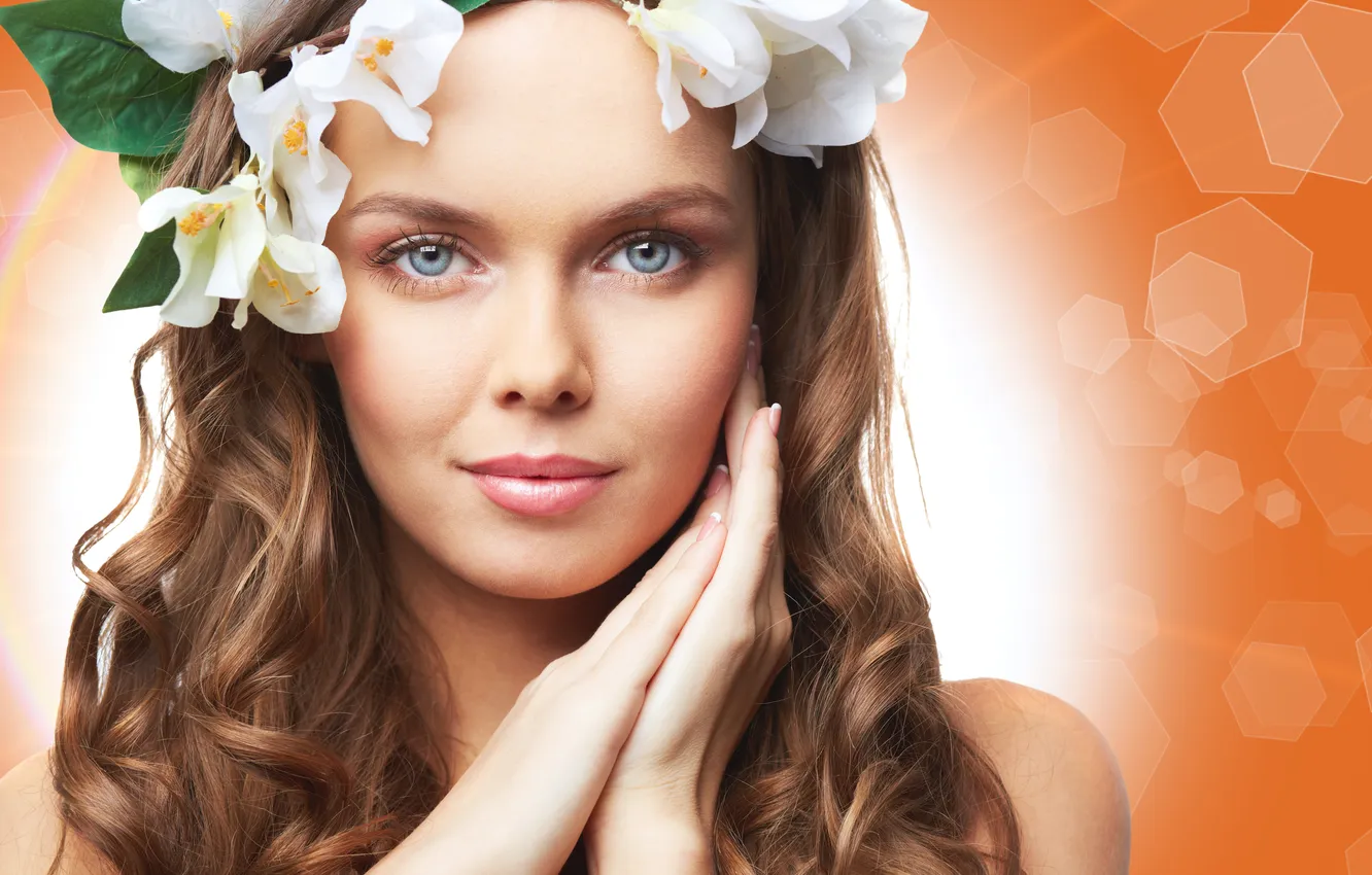 Photo wallpaper look, girl, flowers, makeup, brown hair, wreath, manicure