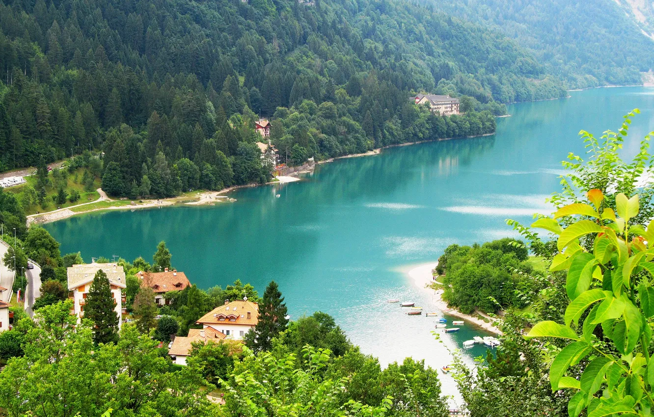 Photo wallpaper greens, forest, trees, mountains, river, home, Italy, Molveno