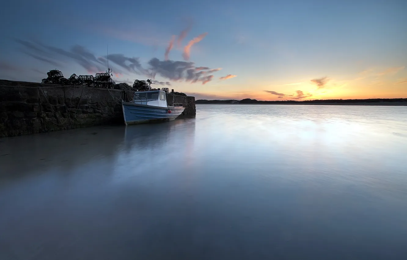 Photo wallpaper landscape, night, lake, boat