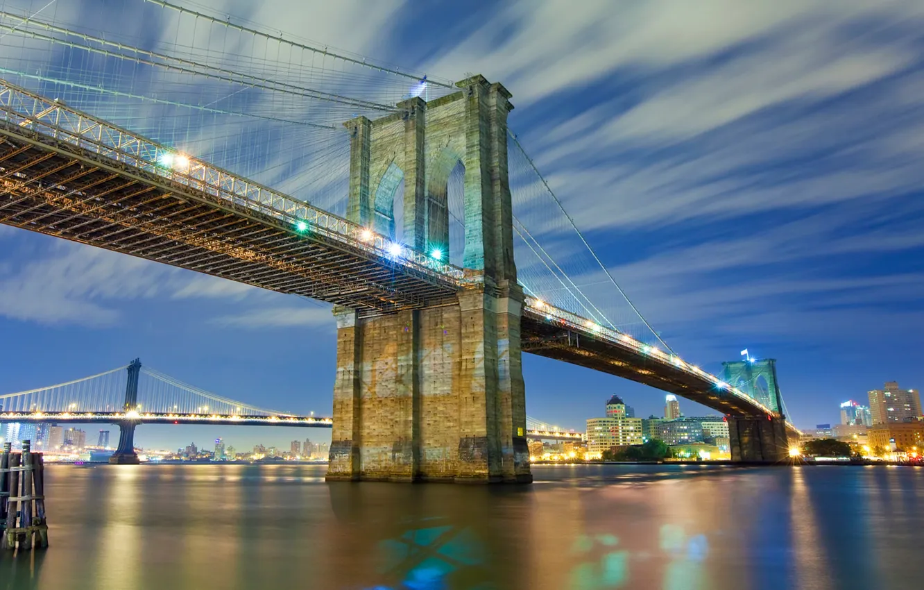 Photo wallpaper water, lights, New York, Brooklyn bridge, bridges