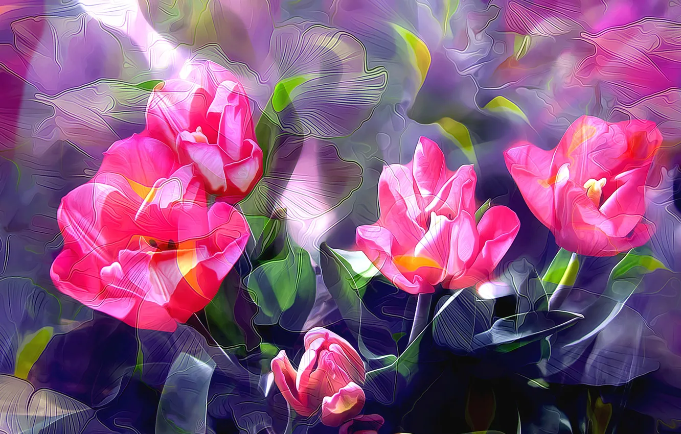 Photo wallpaper line, rendering, paint, petals, tulips