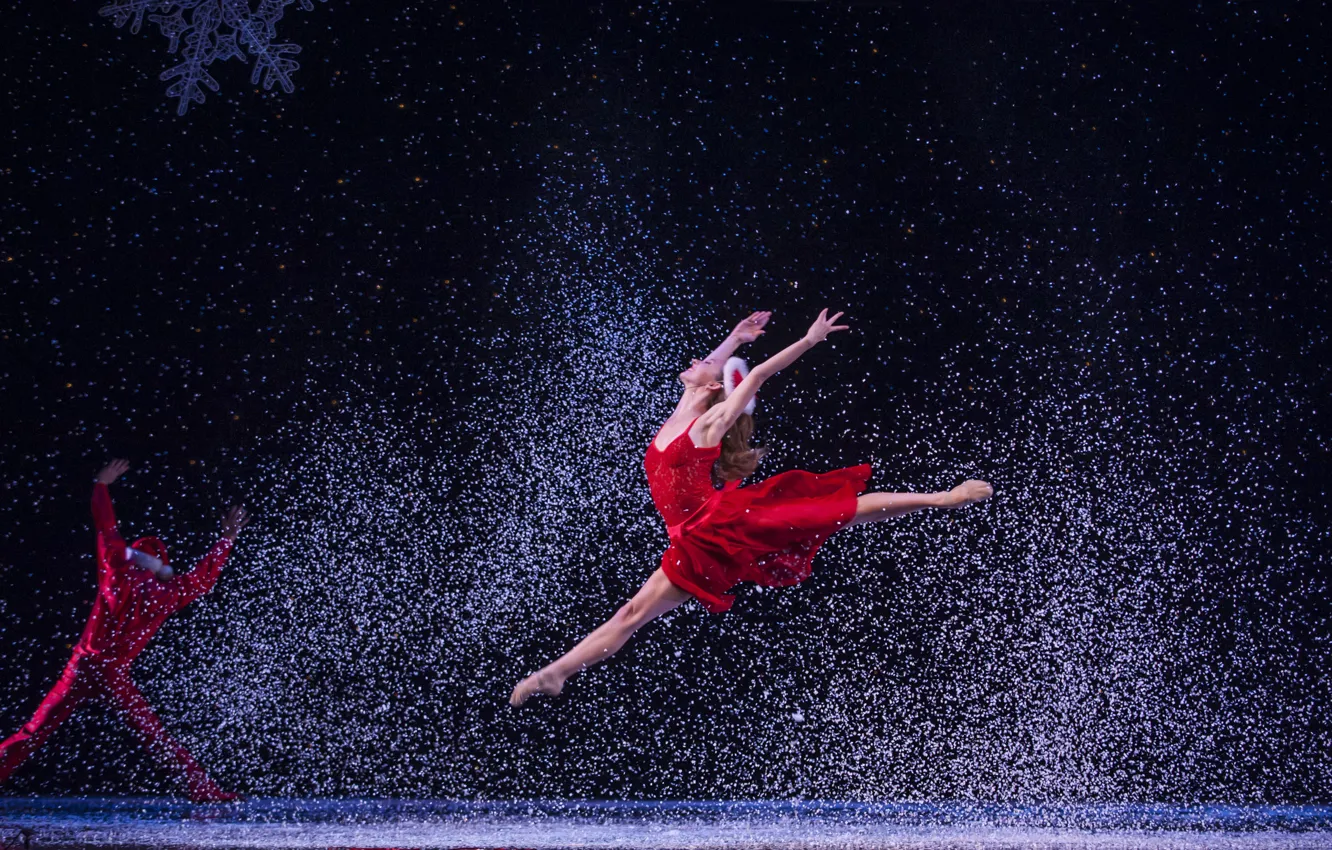Photo wallpaper snow, flight, jump, scene, new year, dance, Christmas, maiden
