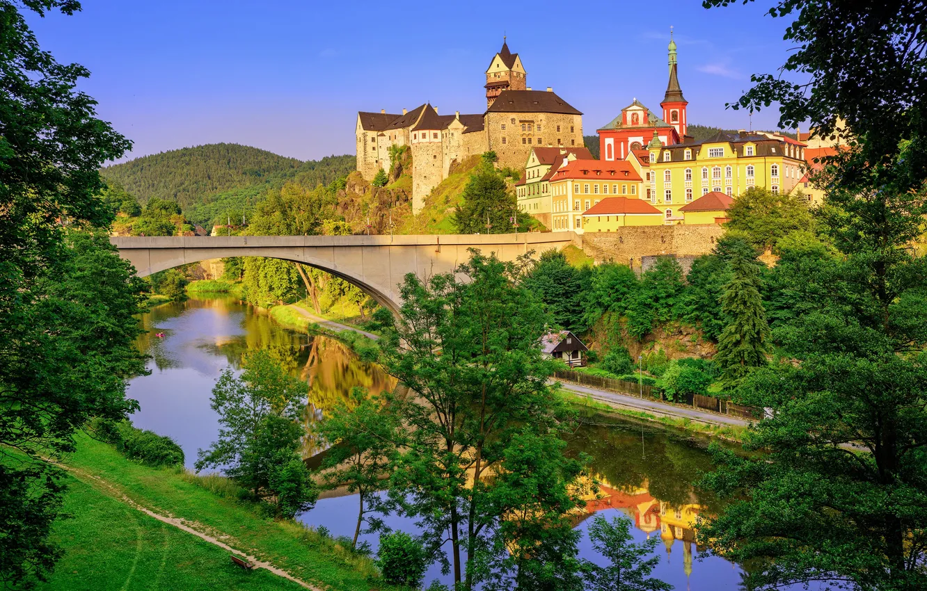 Photo wallpaper trees, mountains, bridge, nature, river, view, Czech Republic, The Czech Republic