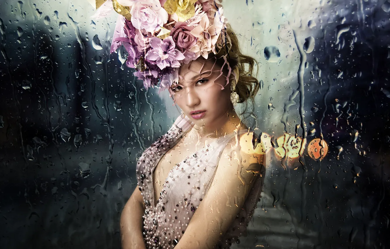 Photo wallpaper glass, girl, drops, Asian