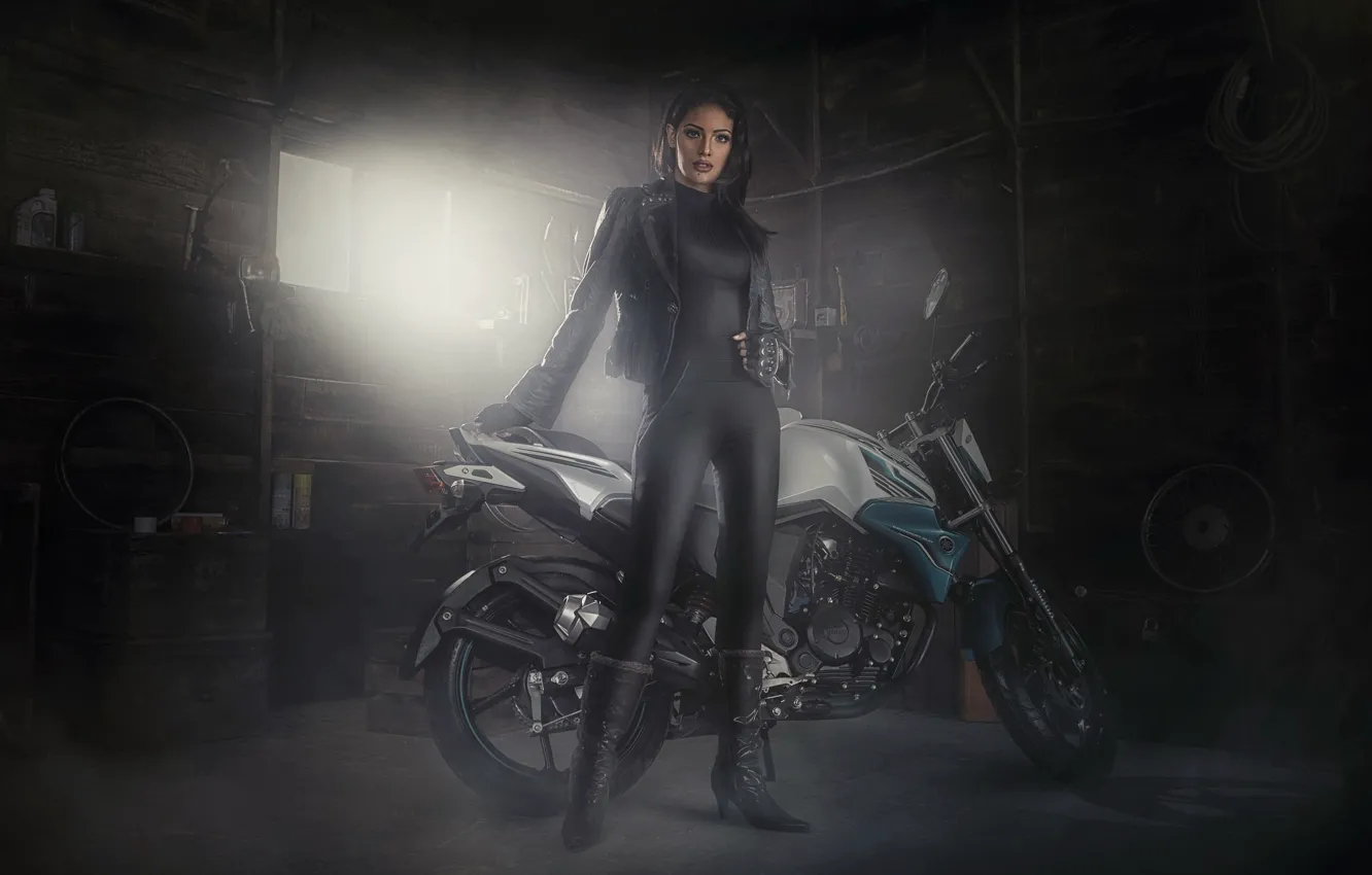 Photo wallpaper girl, garage, motorcycle