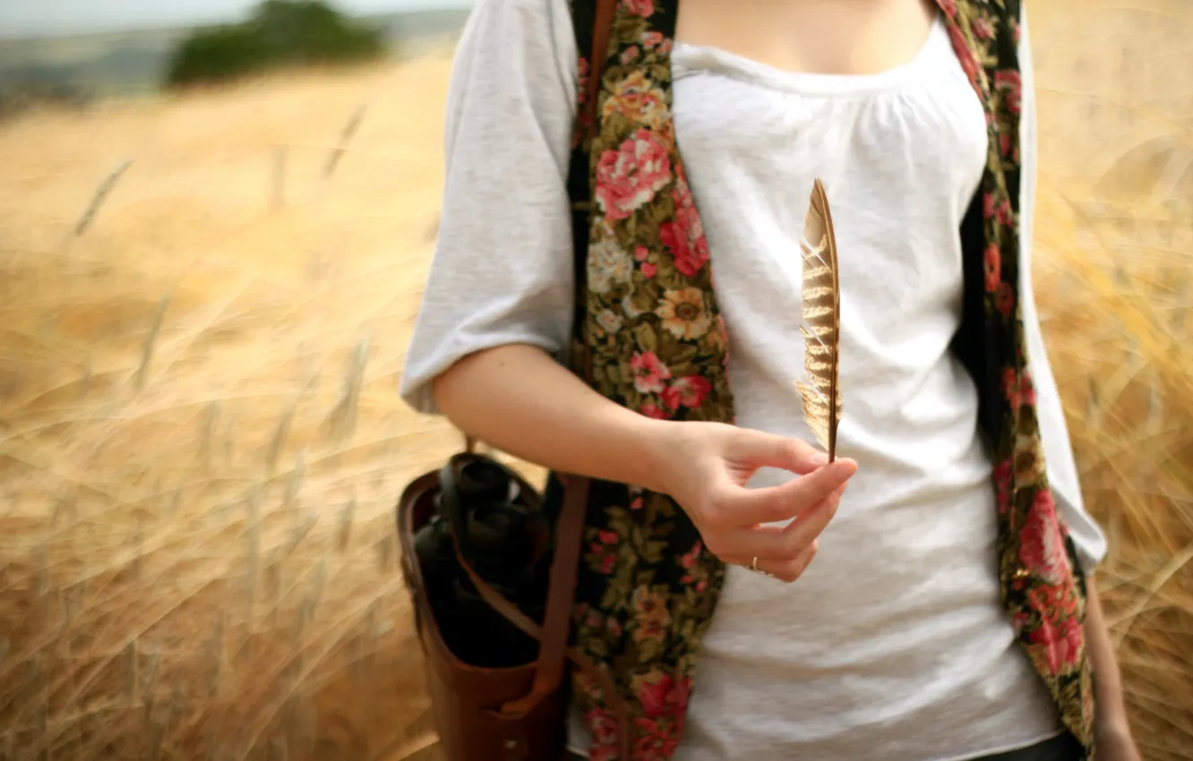 Photo wallpaper field, girl, feathers
