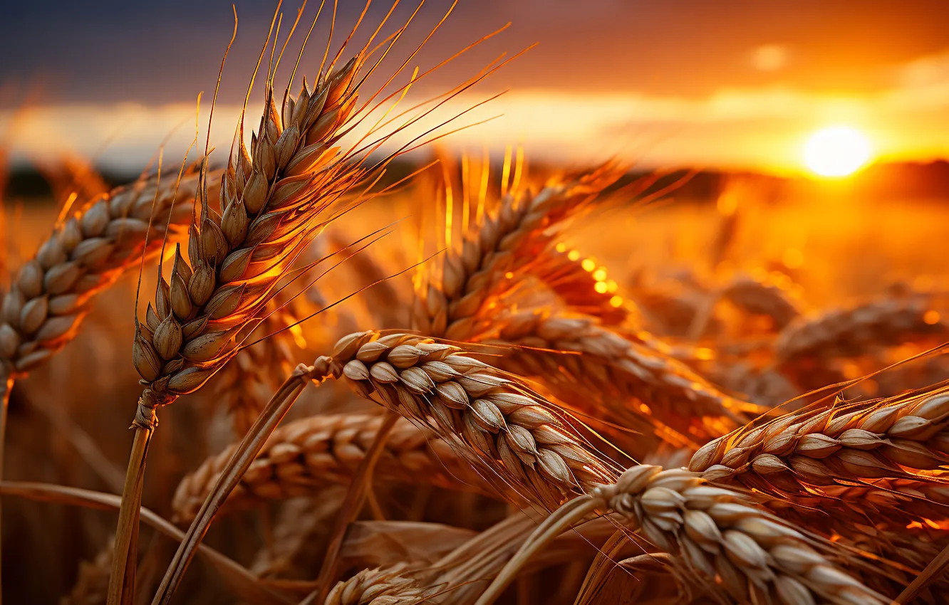Photo wallpaper field, sunset, wheat, ears of corn