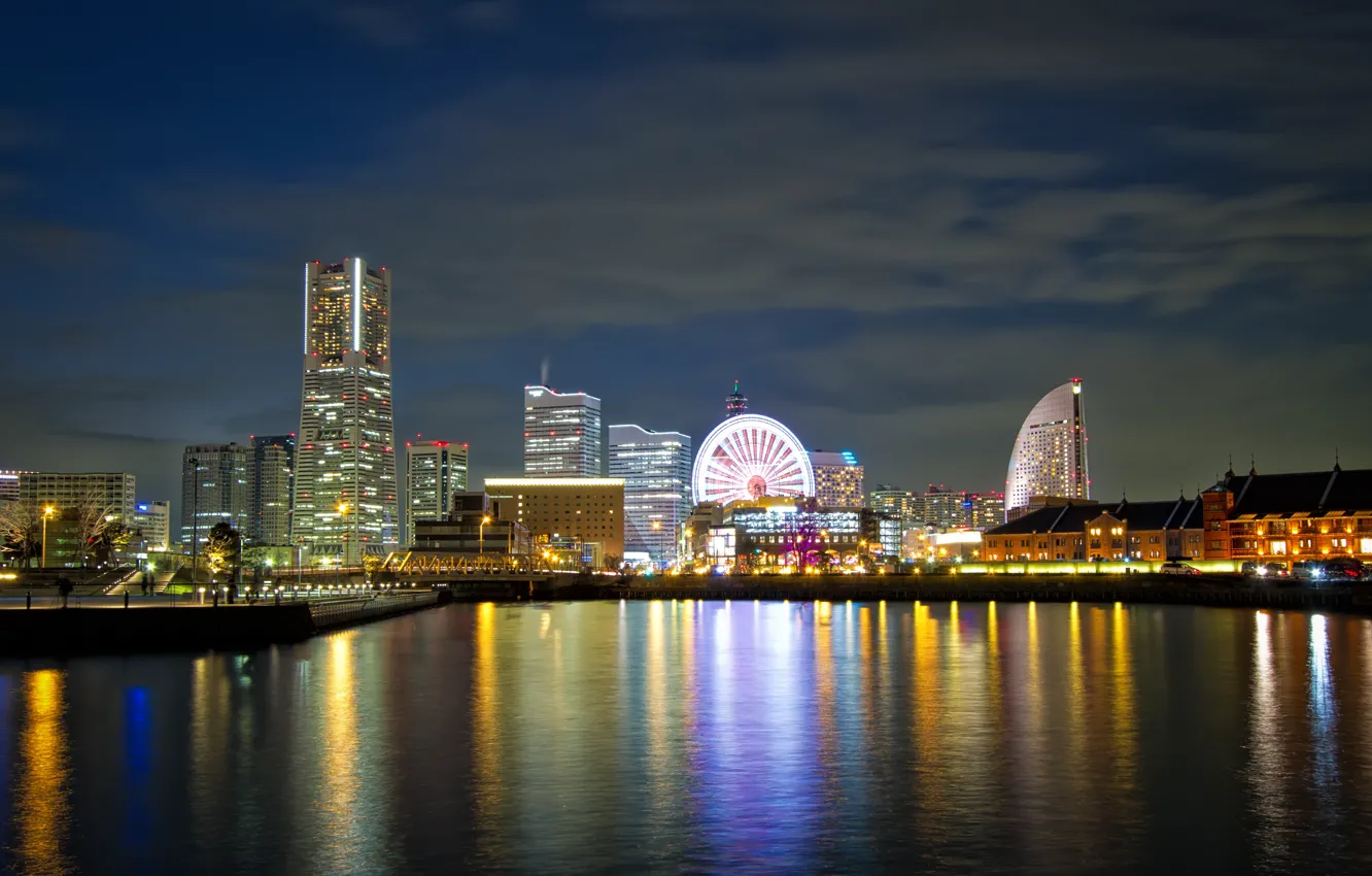 Photo wallpaper night, the city, lights, Japan, Yokohama