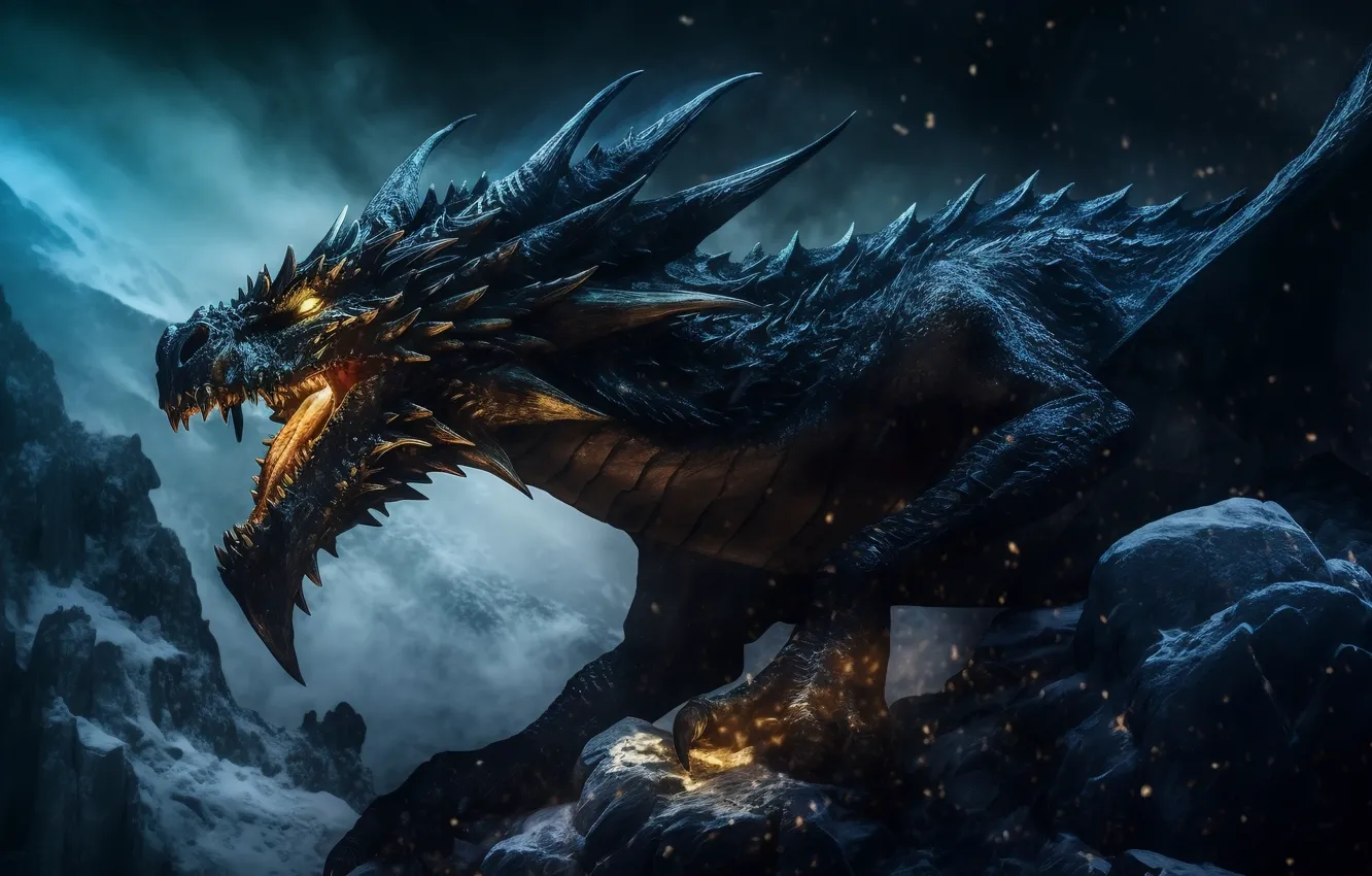 Photo wallpaper mountains, night, stones, rocks, dragon, fantasy, mouth, burning look