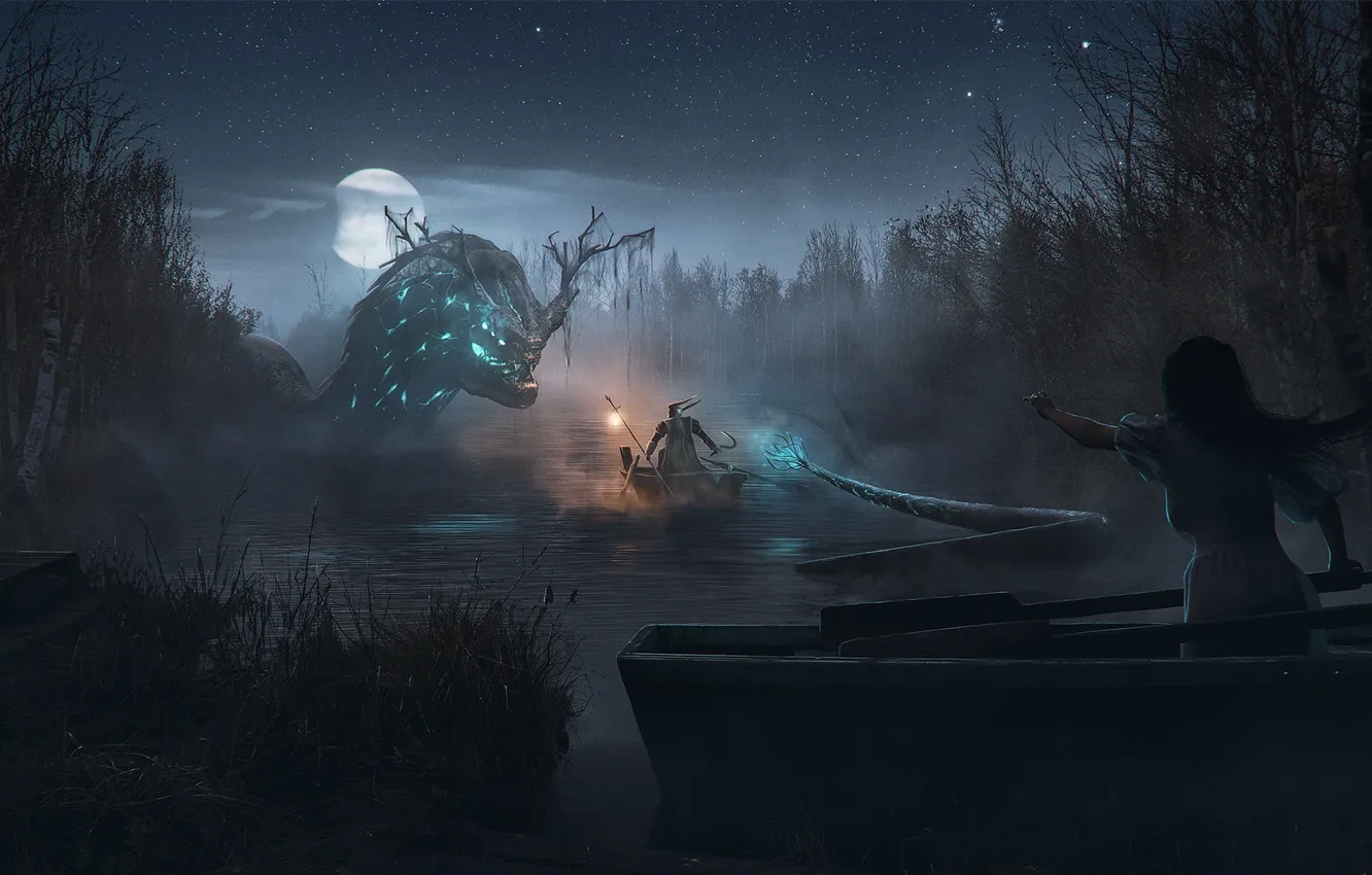 Photo wallpaper forest, night, monster, pond, Kalitinka